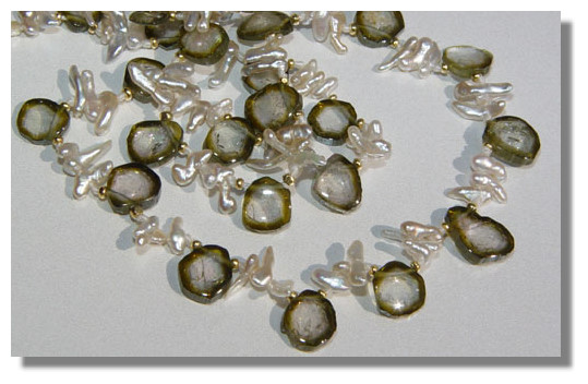 Detail of Watermelon Tourmaline and Pearl Necklace